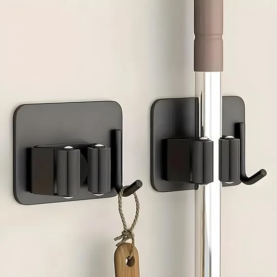 Stainless Steel Broom & Mop Holder with Hooks | 2 Piece Wall Mounted Organizer | Rust-Resistant Cleaning Tool Storage
